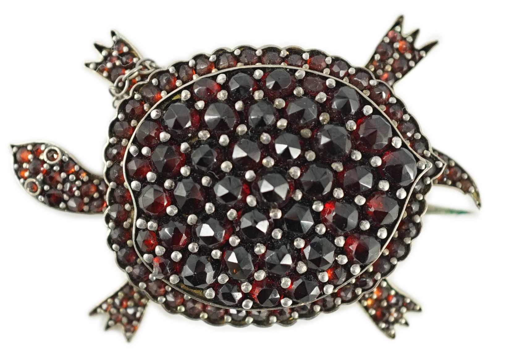 A late Victorian gold plated and pave set garnet tortoise brooch